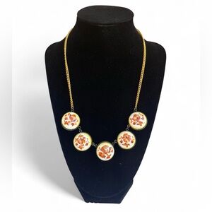 Vintage Floral Porcelain Brass Tone Necklace